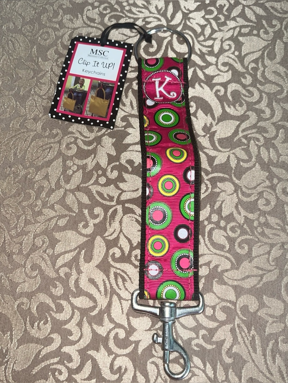 MSC Purse Key Chain BAG CLIP 8" PINK Strap BOLD POLKA DOTS  Monogram Letter K
